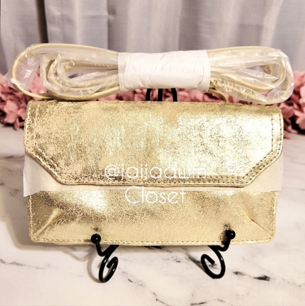 NWT HOBO LE Gold Metallic 'Poppy' Leather Crossbdy with Wanderlust Lining